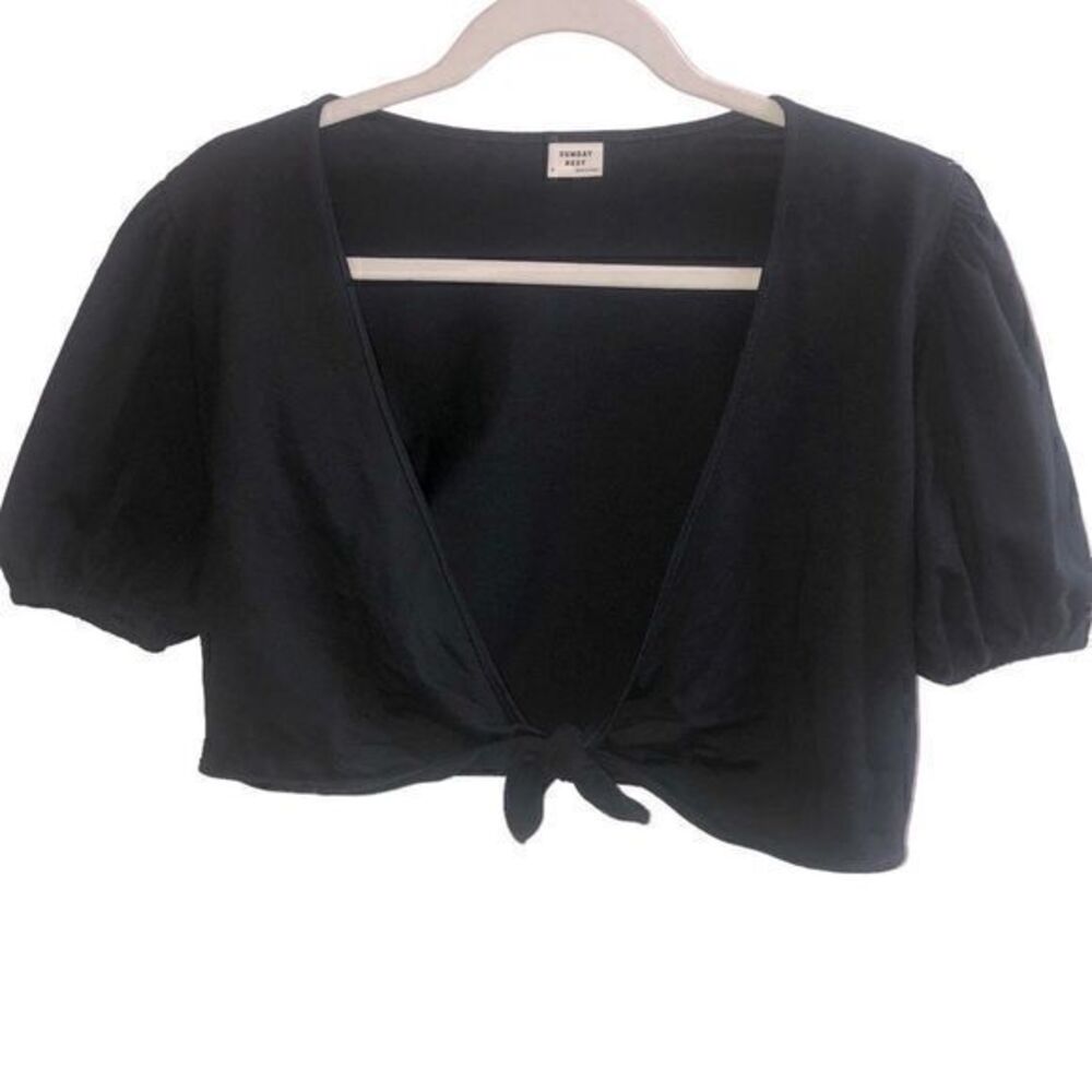 NEW Aritzia Sunday Best Black Bambi Tie-front Short Sleeve Crop Shrug - Picture 2 of 8